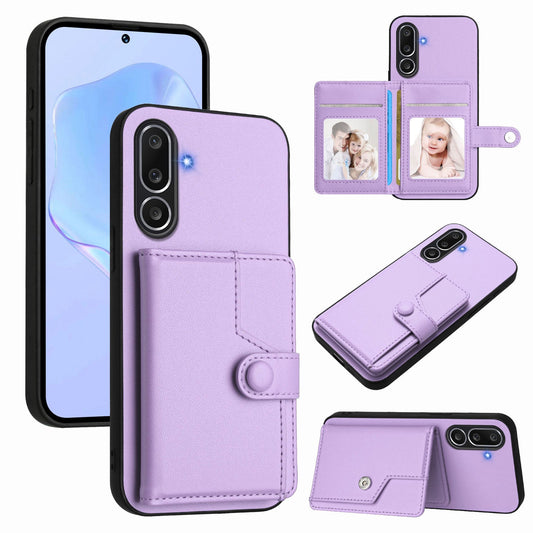 For Samsung Galaxy M56 5G Case RFID Blocking Card Holder Kickstand TPU + PU Leather Phone Back Cover - Purple
