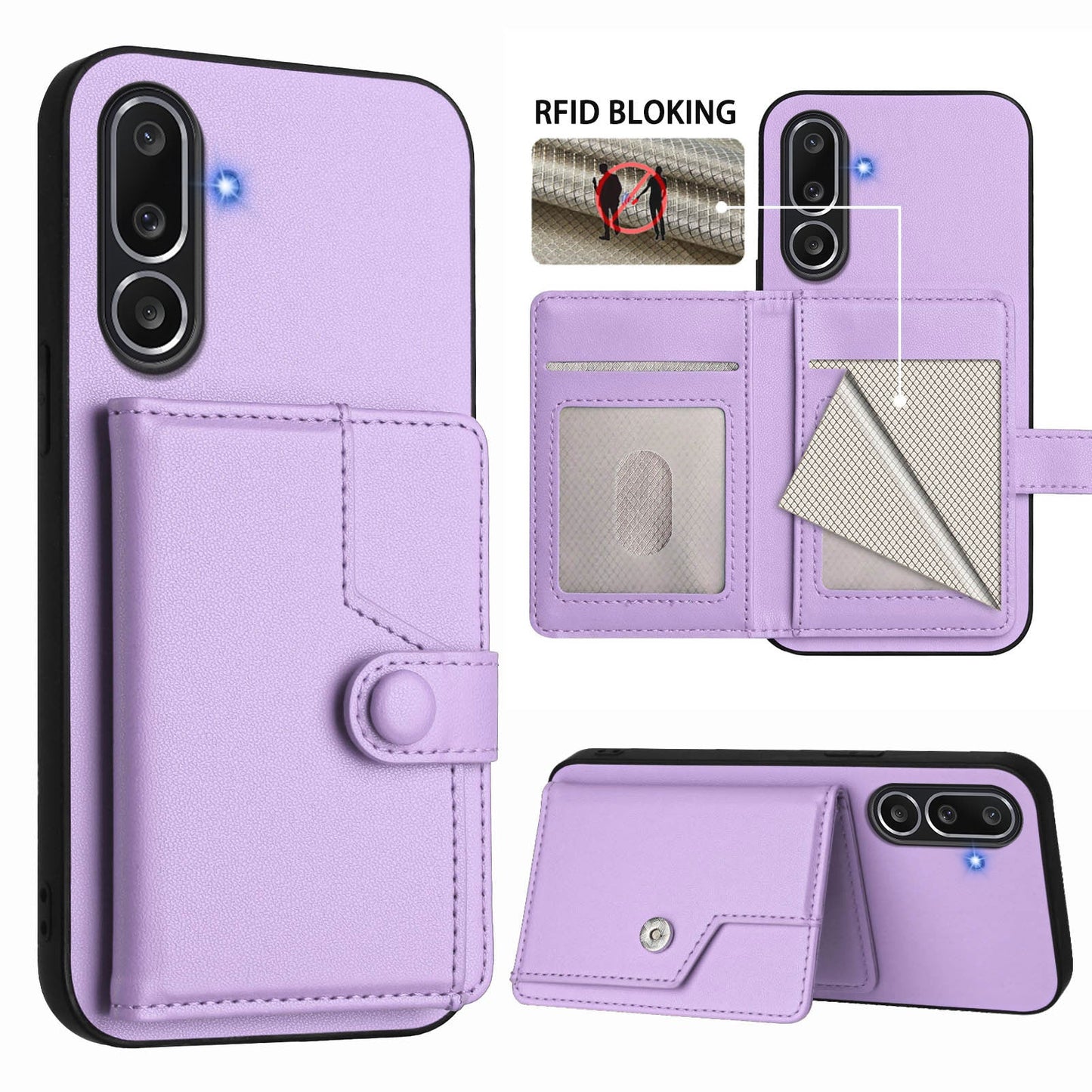 For Samsung Galaxy M56 5G Case RFID Blocking Card Holder Kickstand TPU + PU Leather Phone Back Cover - Purple