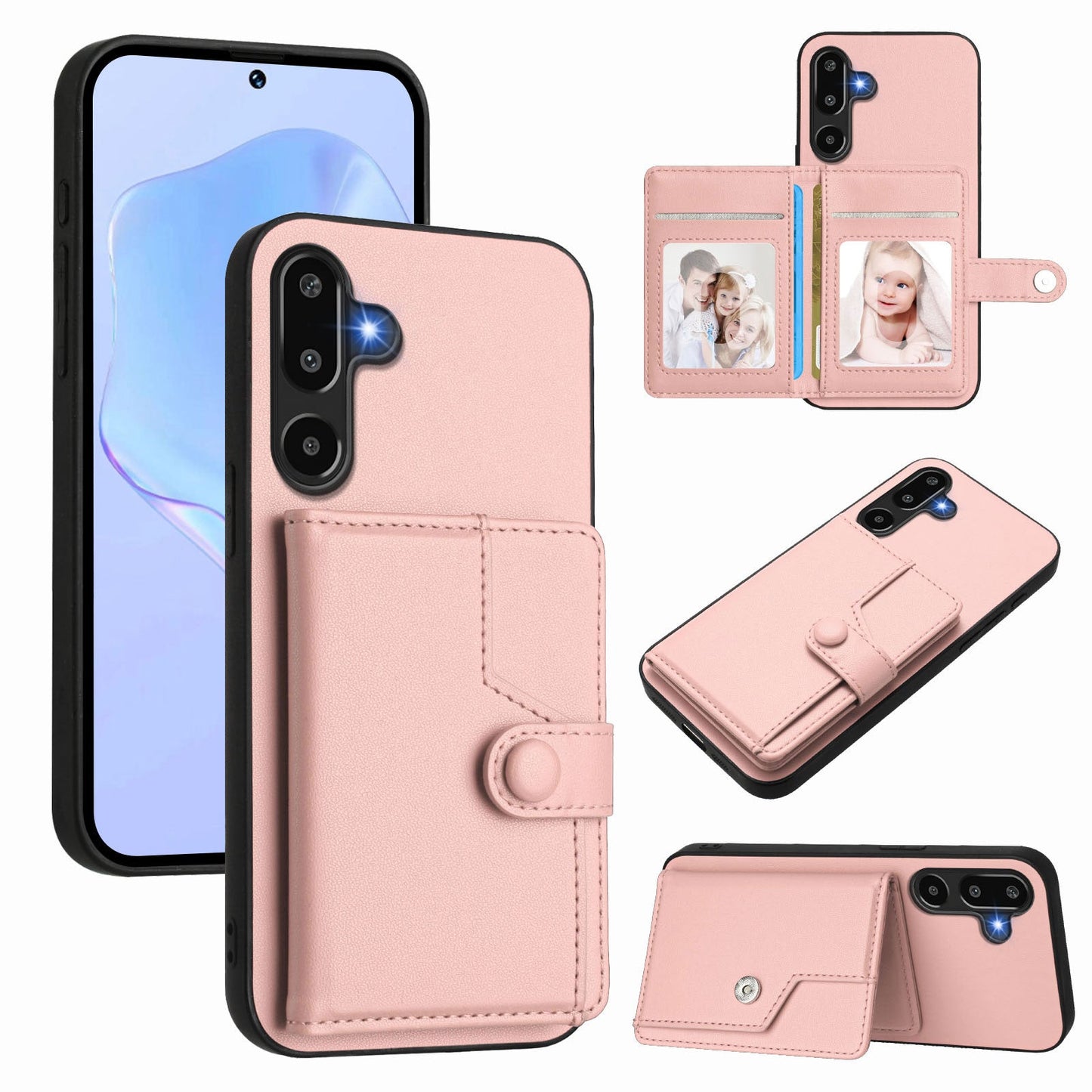 For Samsung Galaxy F16 5G / Galaxy M16 5G Case RFID Blocking Card Holder Kickstand TPU + PU Leather Phone Back Cover - Rose Gold