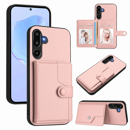 For Samsung Galaxy F16 5G / Galaxy M16 5G Case RFID Blocking Card Holder Kickstand TPU + PU Leather Phone Back Cover - Rose Gold