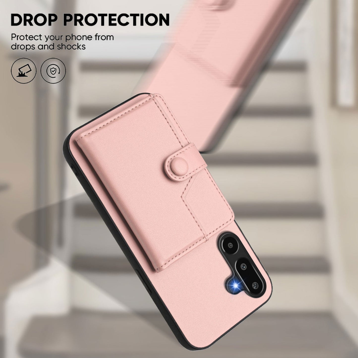 For Samsung Galaxy F16 5G / Galaxy M16 5G Case RFID Blocking Card Holder Kickstand TPU + PU Leather Phone Back Cover - Rose Gold