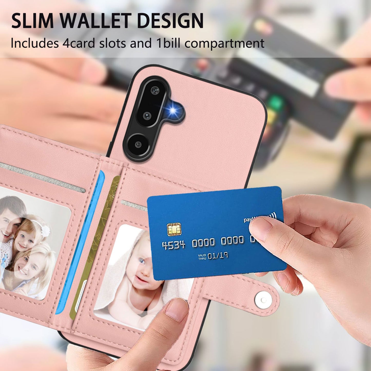 For Samsung Galaxy F16 5G / Galaxy M16 5G Case RFID Blocking Card Holder Kickstand TPU + PU Leather Phone Back Cover - Rose Gold