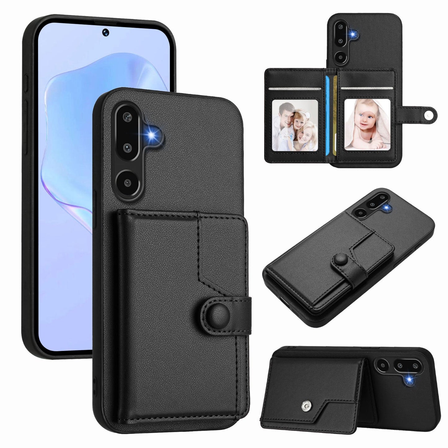 For Samsung Galaxy F16 5G / Galaxy M16 5G Case RFID Blocking Card Holder Kickstand TPU + PU Leather Phone Back Cover - Black
