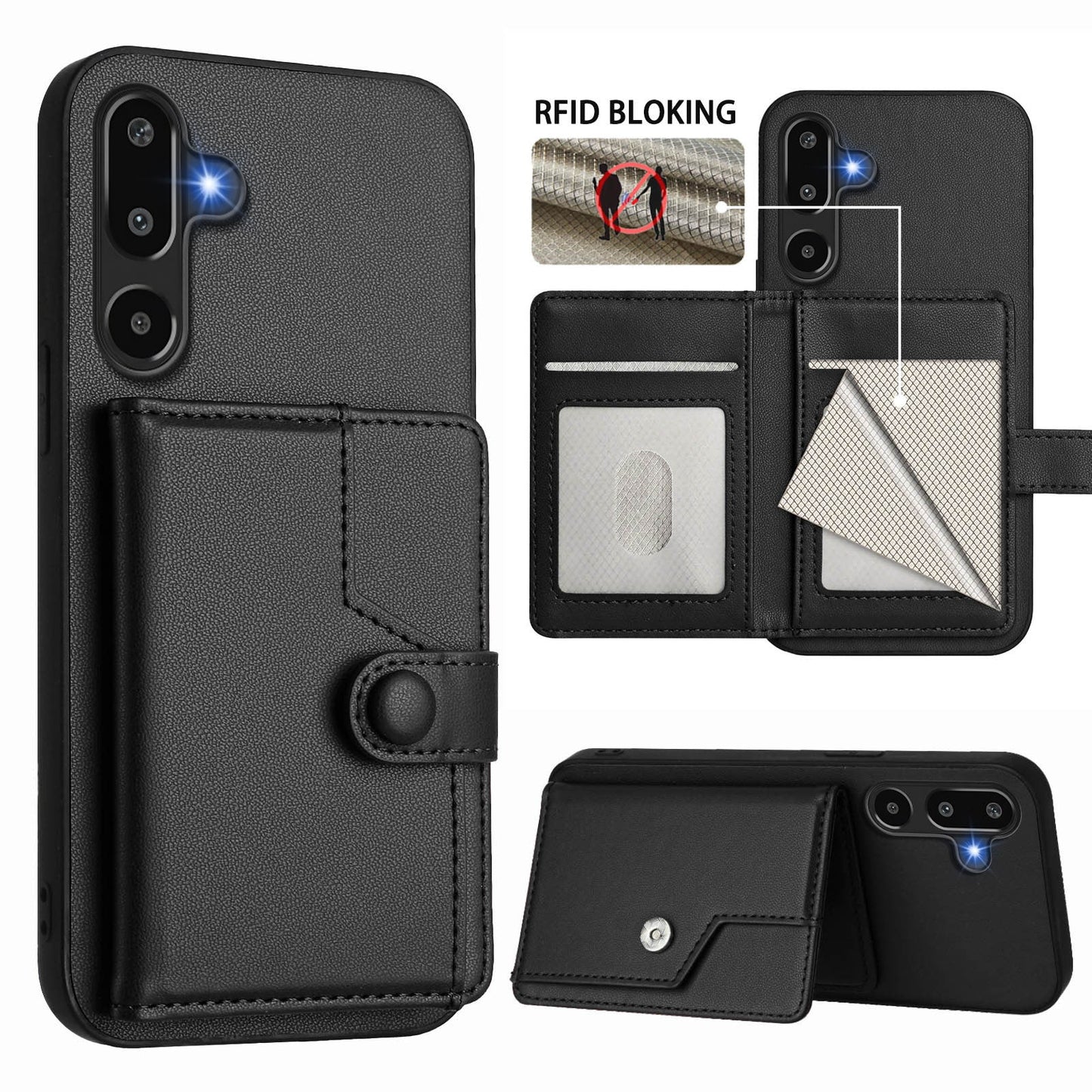 For Samsung Galaxy F16 5G / Galaxy M16 5G Case RFID Blocking Card Holder Kickstand TPU + PU Leather Phone Back Cover - Black