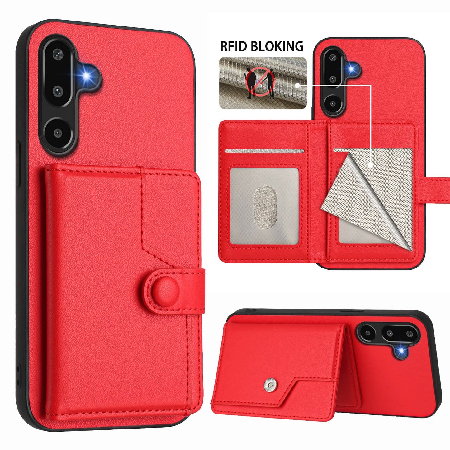 For Samsung Galaxy F16 5G / Galaxy M16 5G Case RFID Blocking Card Holder Kickstand TPU + PU Leather Phone Back Cover - Red