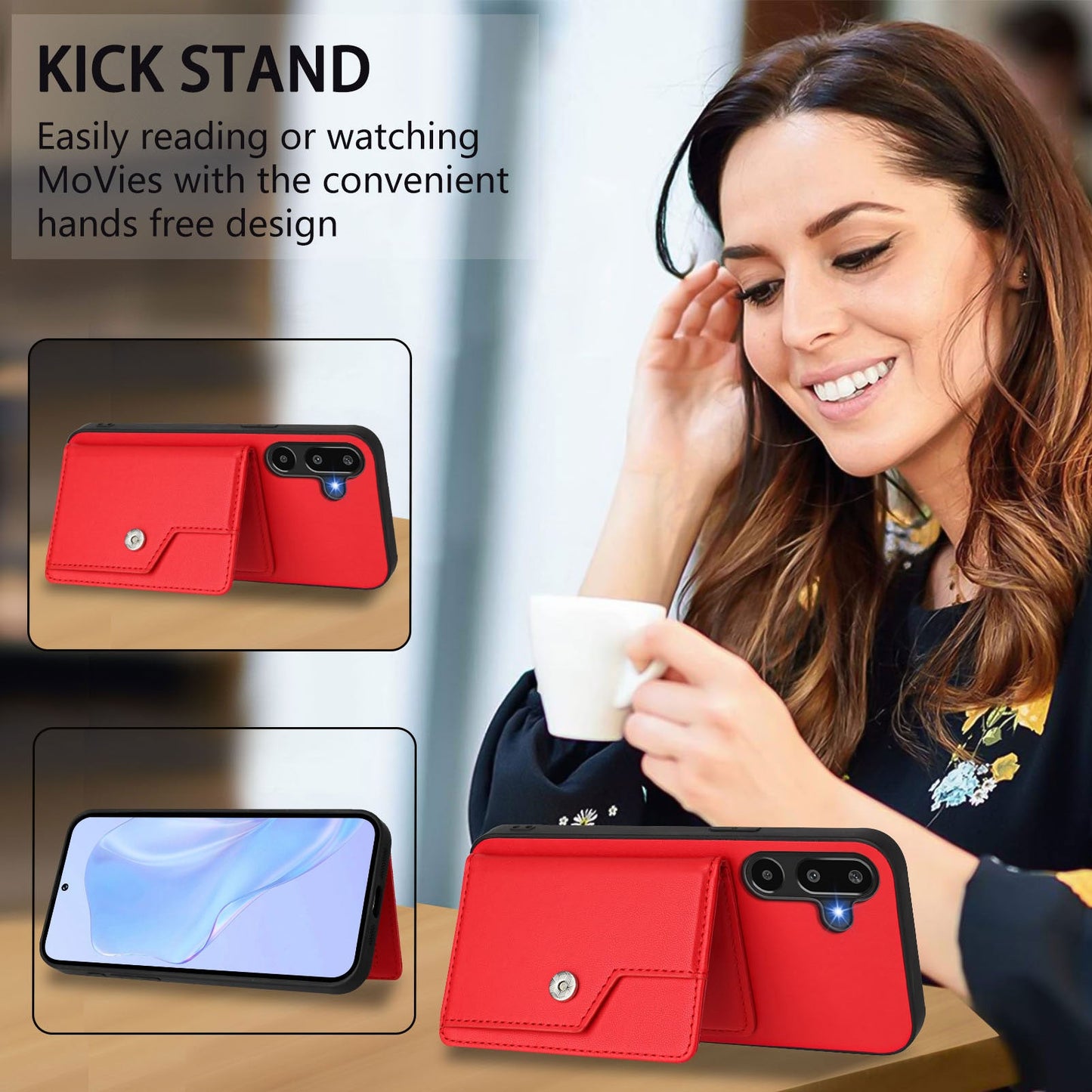 For Samsung Galaxy F16 5G / Galaxy M16 5G Case RFID Blocking Card Holder Kickstand TPU + PU Leather Phone Back Cover - Red