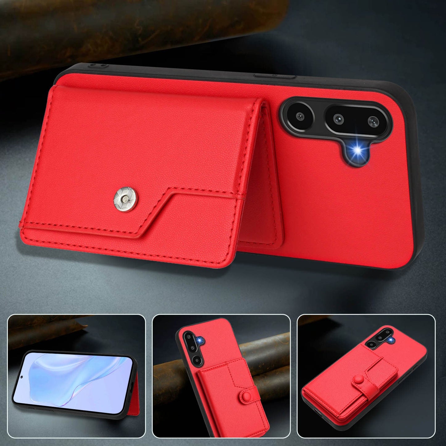 For Samsung Galaxy F16 5G / Galaxy M16 5G Case RFID Blocking Card Holder Kickstand TPU + PU Leather Phone Back Cover - Red