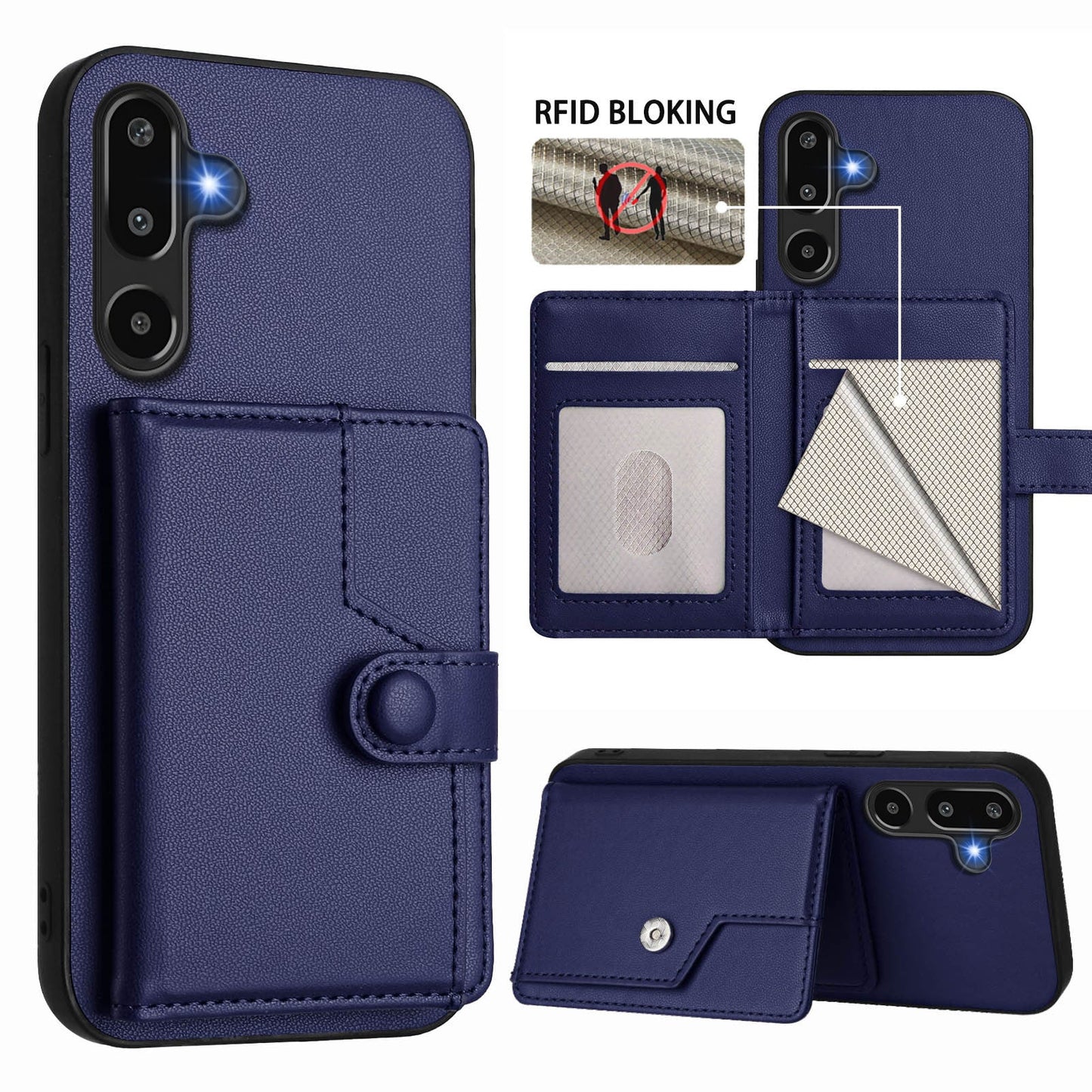 For Samsung Galaxy F16 5G / Galaxy M16 5G Case RFID Blocking Card Holder Kickstand TPU + PU Leather Phone Back Cover - Blue