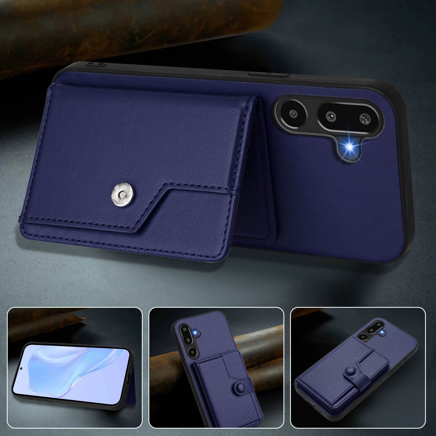 For Samsung Galaxy F16 5G / Galaxy M16 5G Case RFID Blocking Card Holder Kickstand TPU + PU Leather Phone Back Cover - Blue
