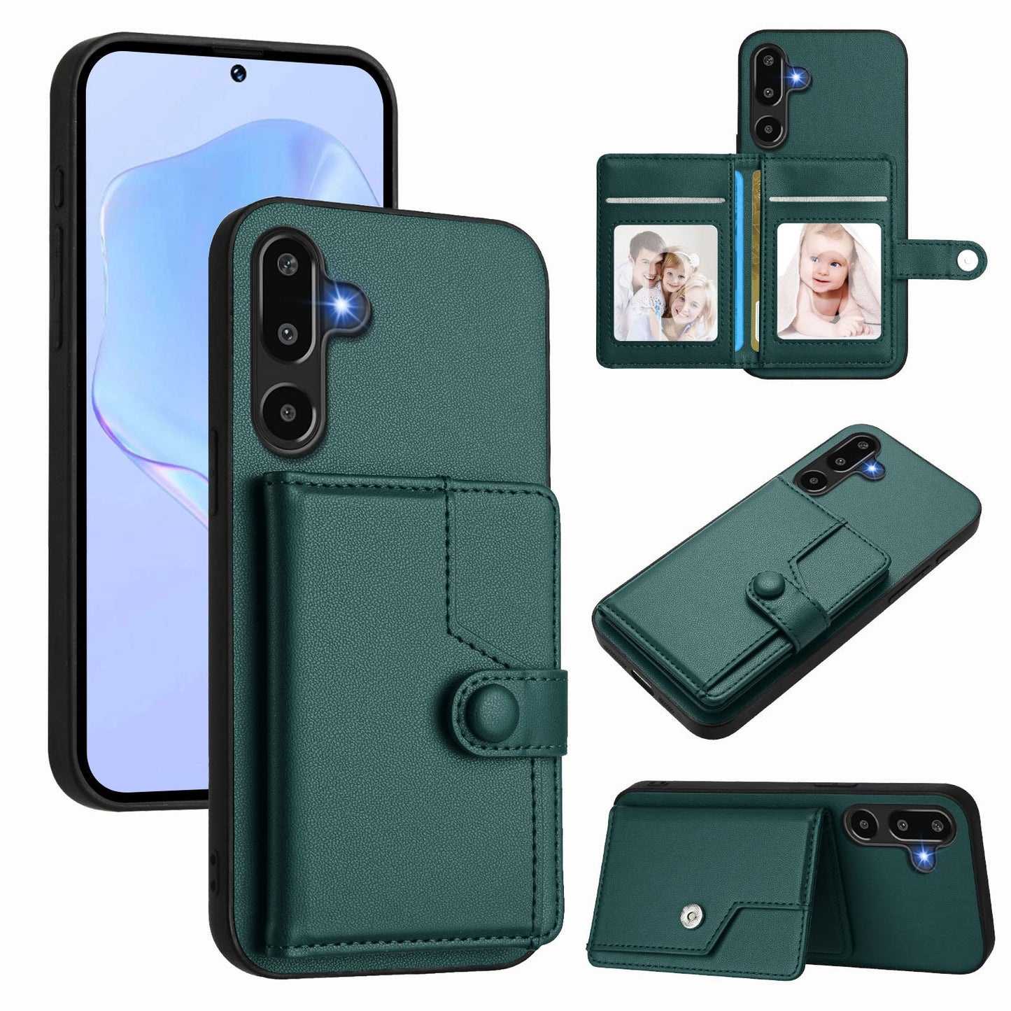 For Samsung Galaxy F16 5G / Galaxy M16 5G Case RFID Blocking Card Holder Kickstand TPU + PU Leather Phone Back Cover - Green