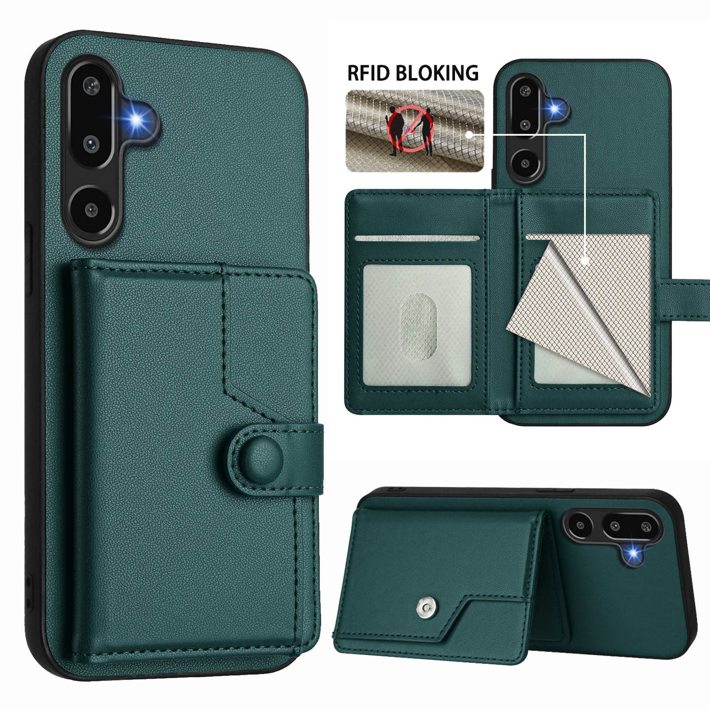 For Samsung Galaxy F16 5G / Galaxy M16 5G Case RFID Blocking Card Holder Kickstand TPU + PU Leather Phone Back Cover - Green