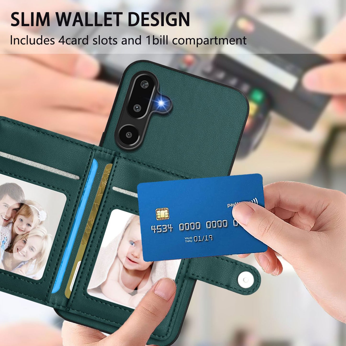 For Samsung Galaxy F16 5G / Galaxy M16 5G Case RFID Blocking Card Holder Kickstand TPU + PU Leather Phone Back Cover - Green