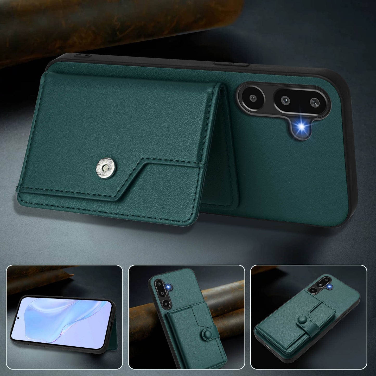 For Samsung Galaxy F16 5G / Galaxy M16 5G Case RFID Blocking Card Holder Kickstand TPU + PU Leather Phone Back Cover - Green