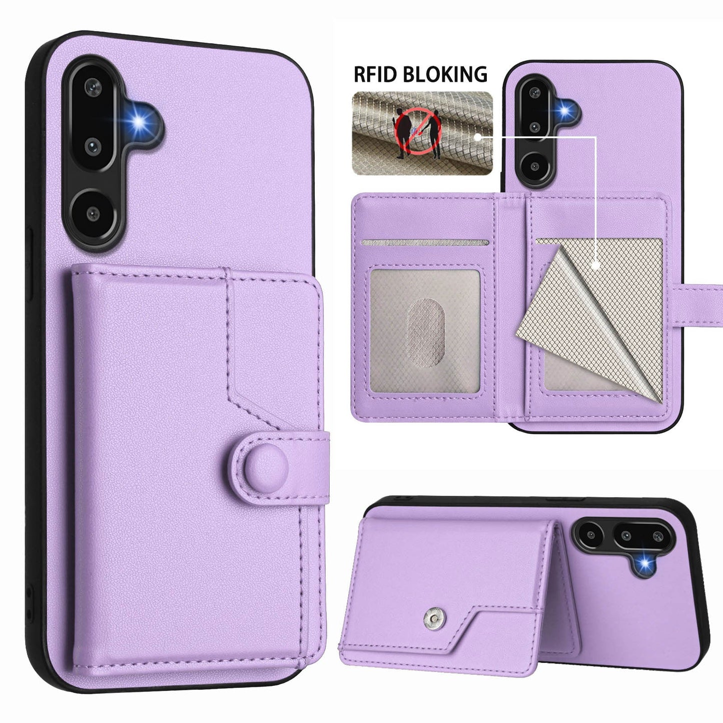 For Samsung Galaxy F16 5G / Galaxy M16 5G Case RFID Blocking Card Holder Kickstand TPU + PU Leather Phone Back Cover - Purple
