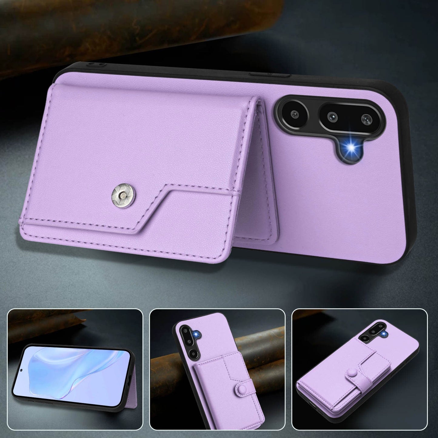 For Samsung Galaxy F16 5G / Galaxy M16 5G Case RFID Blocking Card Holder Kickstand TPU + PU Leather Phone Back Cover - Purple