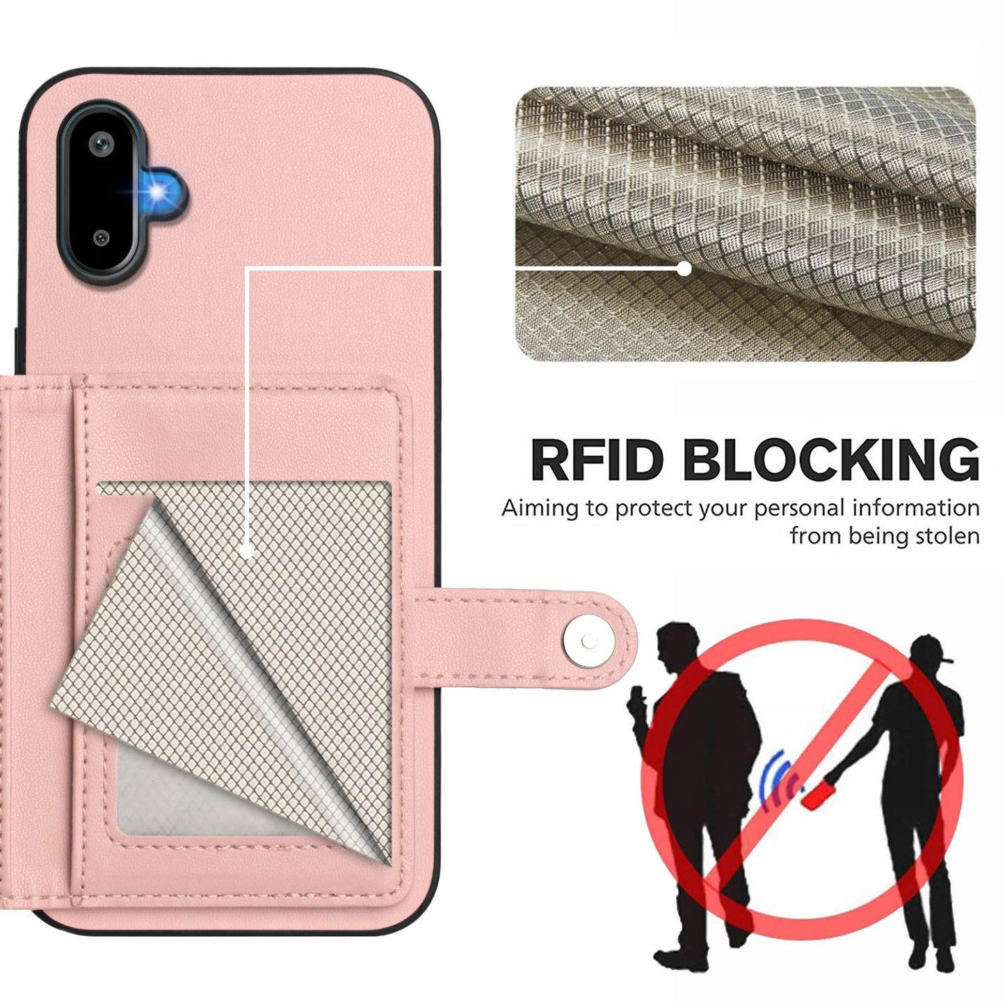 For Samsung Galaxy M06 5G / Galaxy F06 5G Case RFID Blocking Card Holder Kickstand TPU + PU Leather Phone Back Cover - Rose Gold