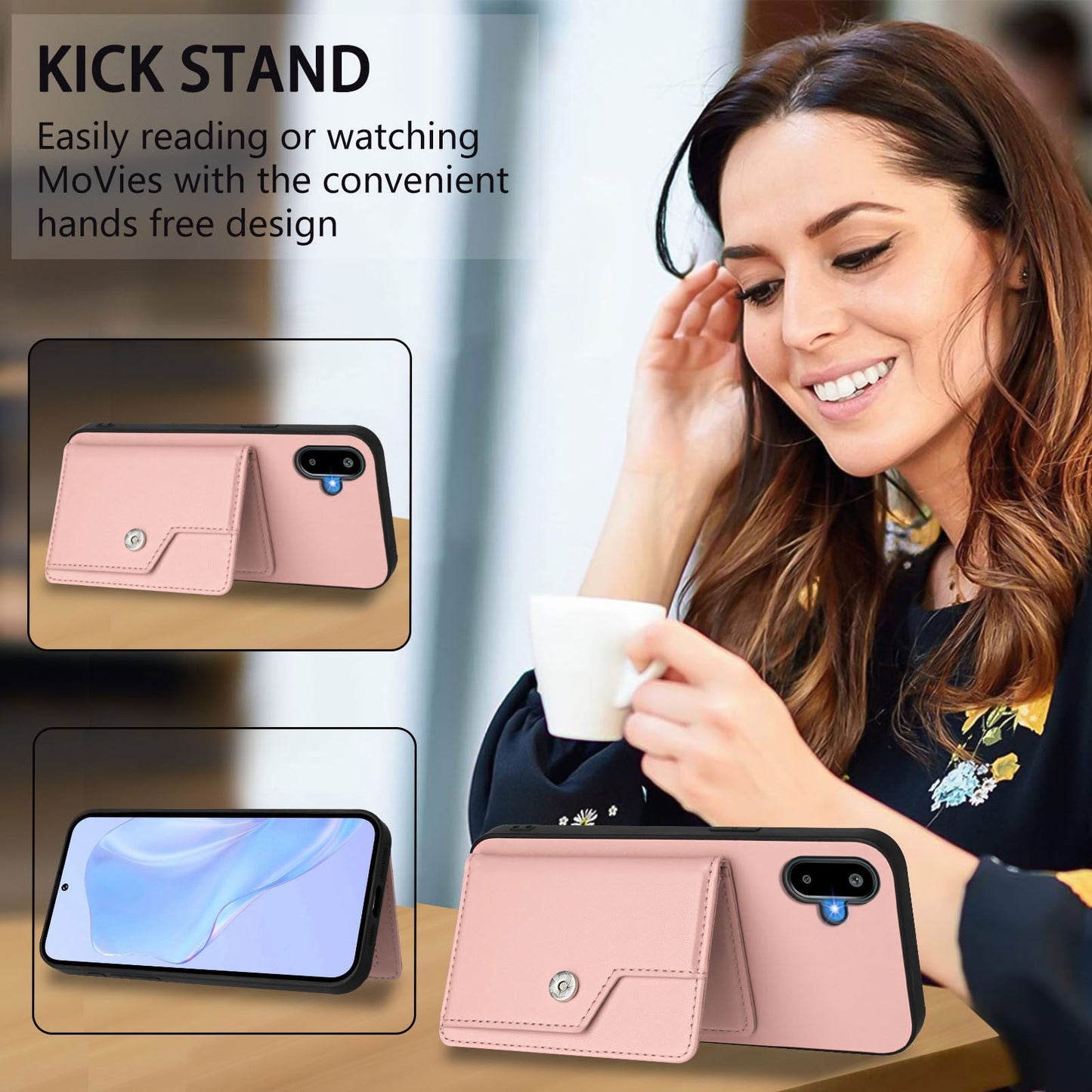 For Samsung Galaxy M06 5G / Galaxy F06 5G Case RFID Blocking Card Holder Kickstand TPU + PU Leather Phone Back Cover - Rose Gold