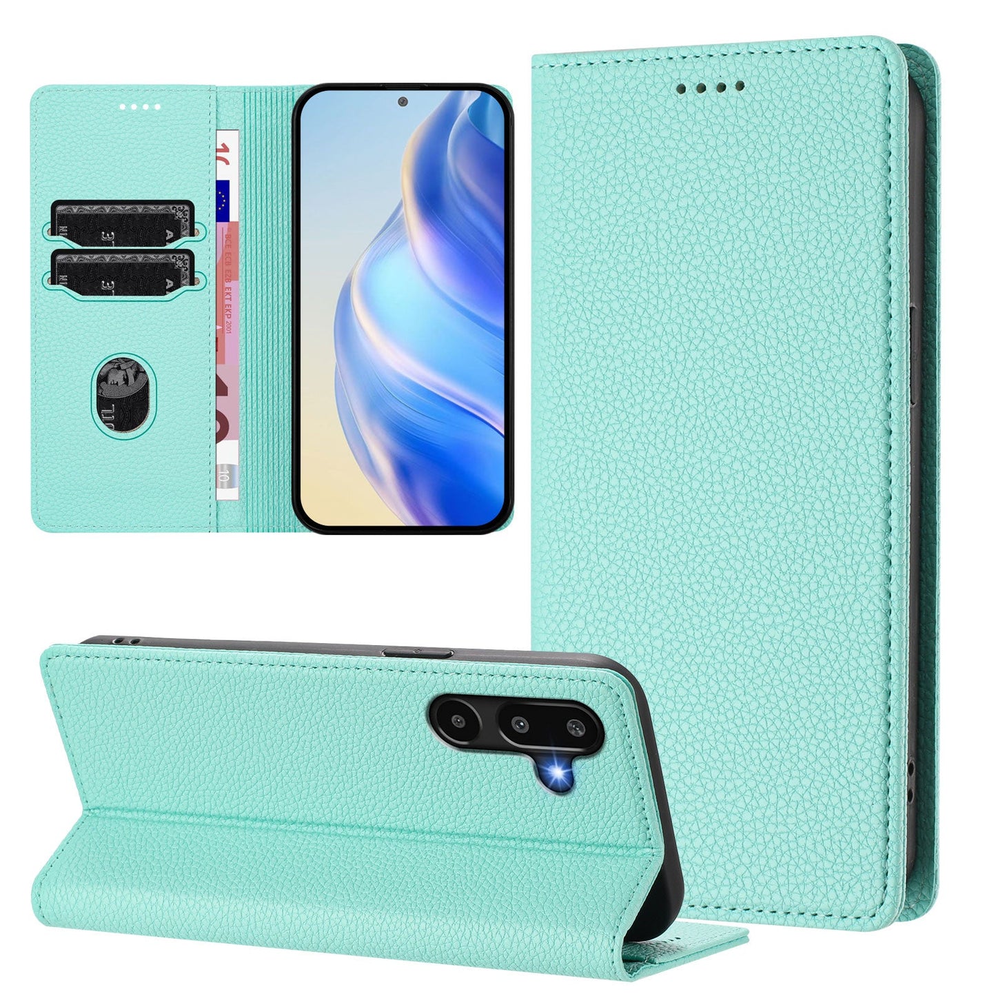 For Samsung Galaxy M16 5G / Galaxy F16 5G Wallet Case RFID Blocking Litchi Texture Leather Mobile Cover - Mint Green