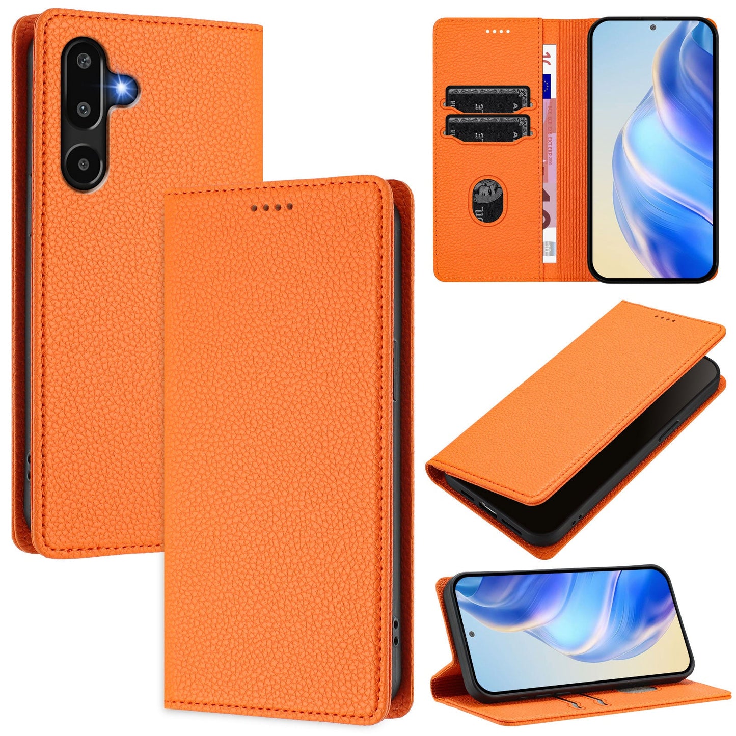 For Samsung Galaxy M16 5G / Galaxy F16 5G Wallet Case RFID Blocking Litchi Texture Leather Mobile Cover - Orange