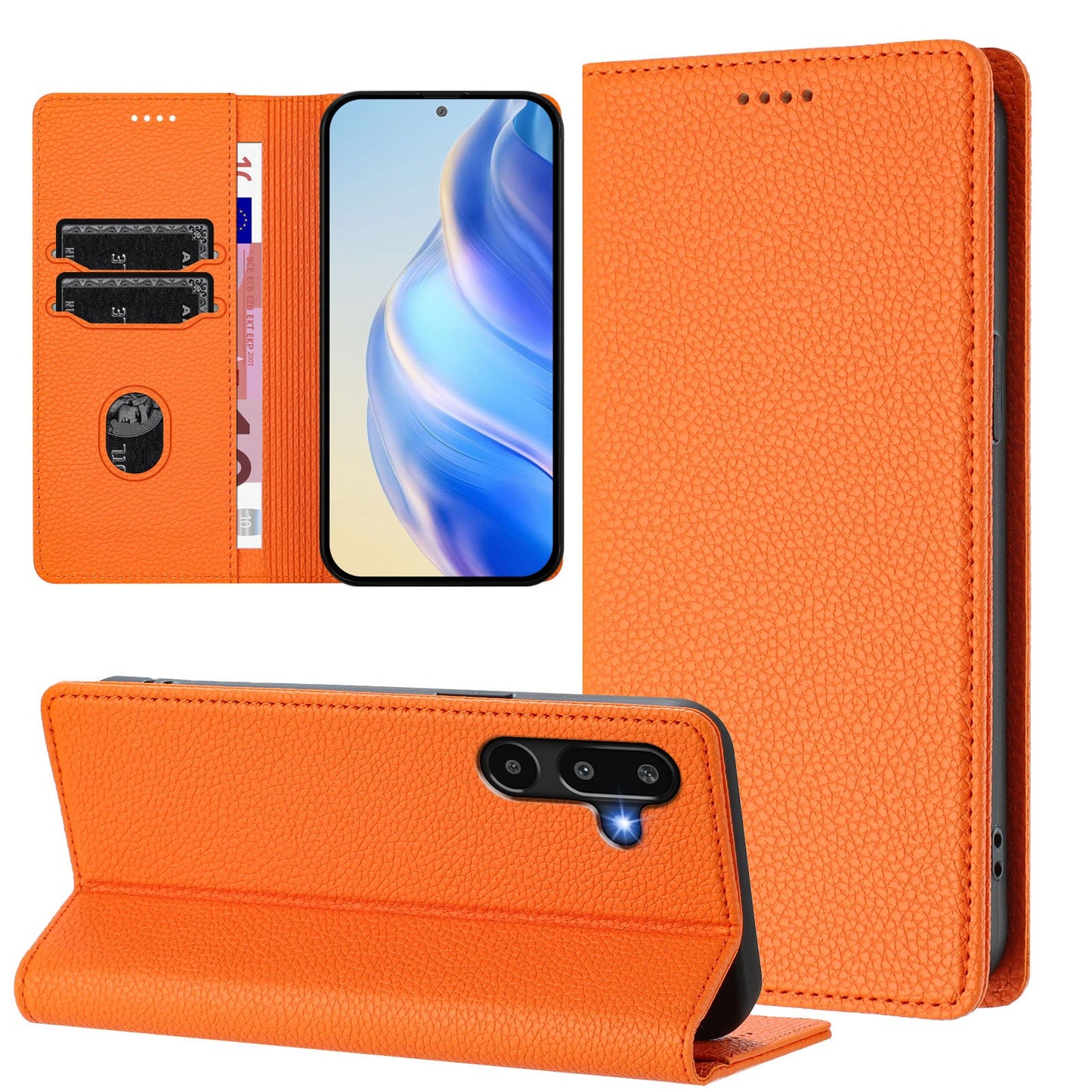 For Samsung Galaxy M16 5G / Galaxy F16 5G Wallet Case RFID Blocking Litchi Texture Leather Mobile Cover - Orange