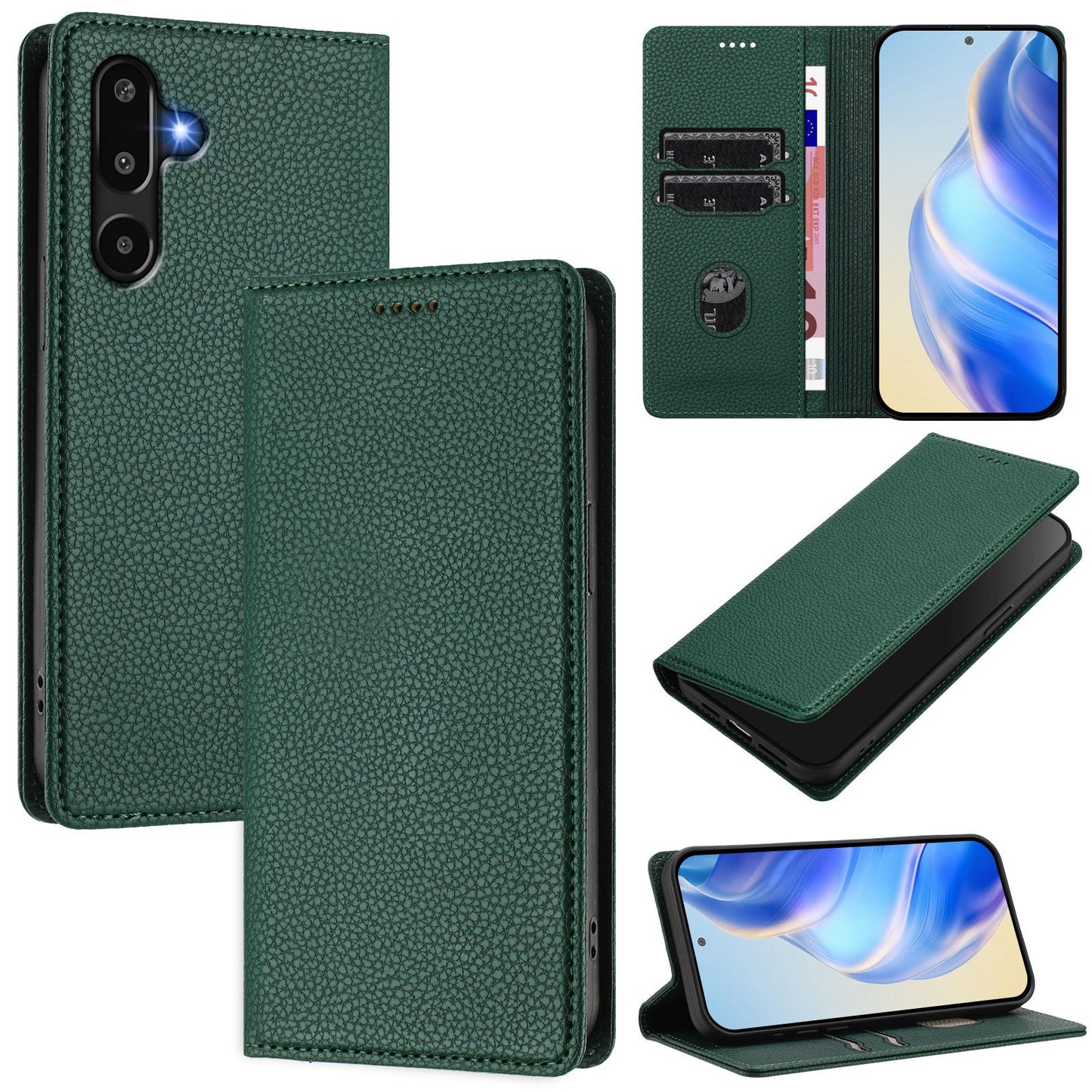For Samsung Galaxy M16 5G / Galaxy F16 5G Wallet Case RFID Blocking Litchi Texture Leather Mobile Cover - Dark Green
