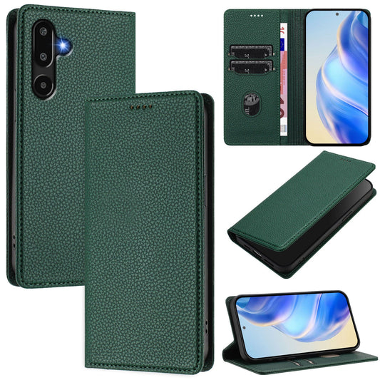 For Samsung Galaxy M16 5G / Galaxy F16 5G Wallet Case RFID Blocking Litchi Texture Leather Mobile Cover - Dark Green