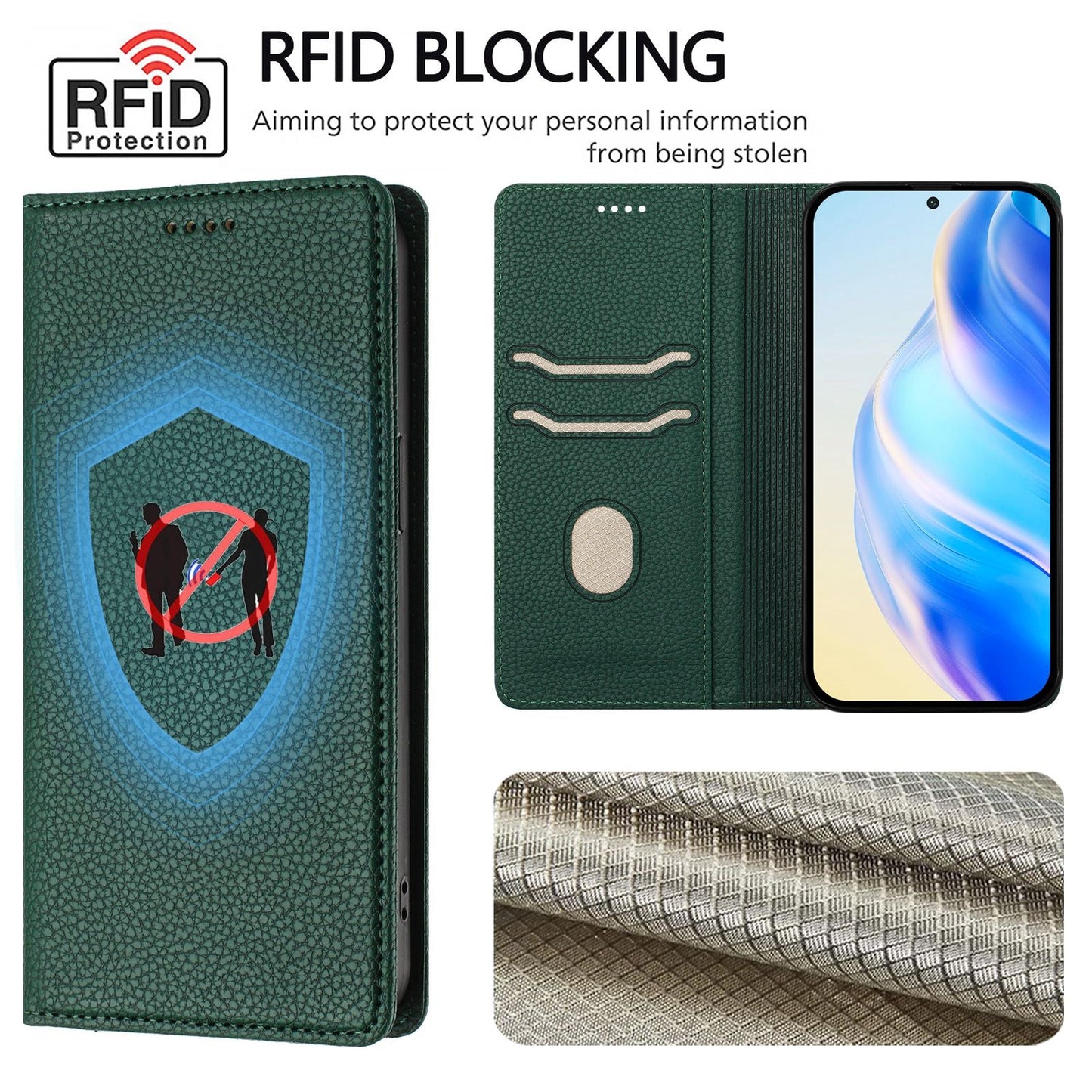 For Samsung Galaxy M16 5G / Galaxy F16 5G Wallet Case RFID Blocking Litchi Texture Leather Mobile Cover - Dark Green