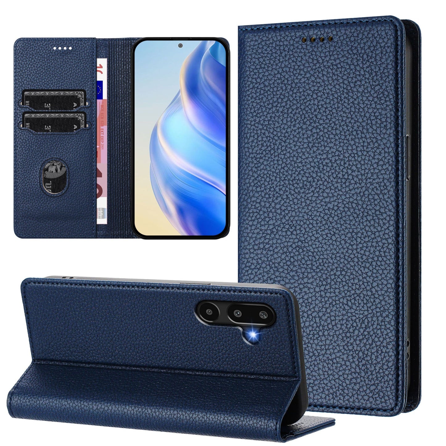 For Samsung Galaxy M16 5G / Galaxy F16 5G Wallet Case RFID Blocking Litchi Texture Leather Mobile Cover - Dark Blue