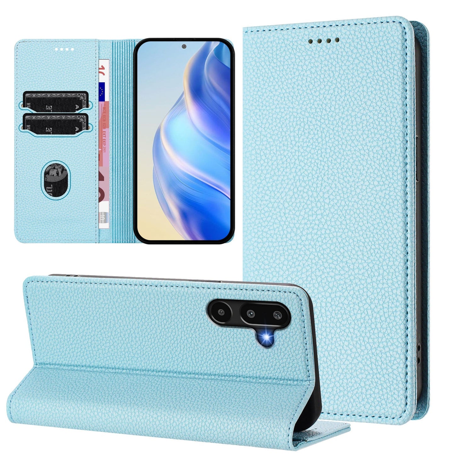 For Samsung Galaxy M16 5G / Galaxy F16 5G Wallet Case RFID Blocking Litchi Texture Leather Mobile Cover - Baby Blue