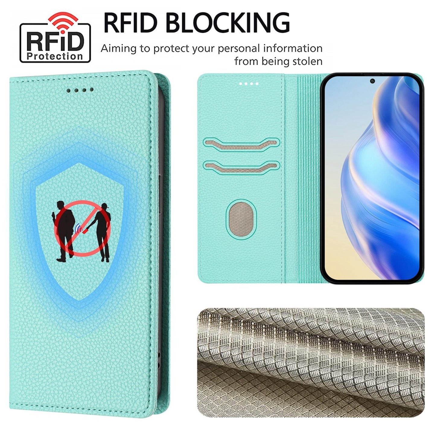 For Samsung Galaxy M06 5G / Galaxy F06 5G Wallet Case RFID Blocking Litchi Texture Leather Mobile Cover - Mint Green