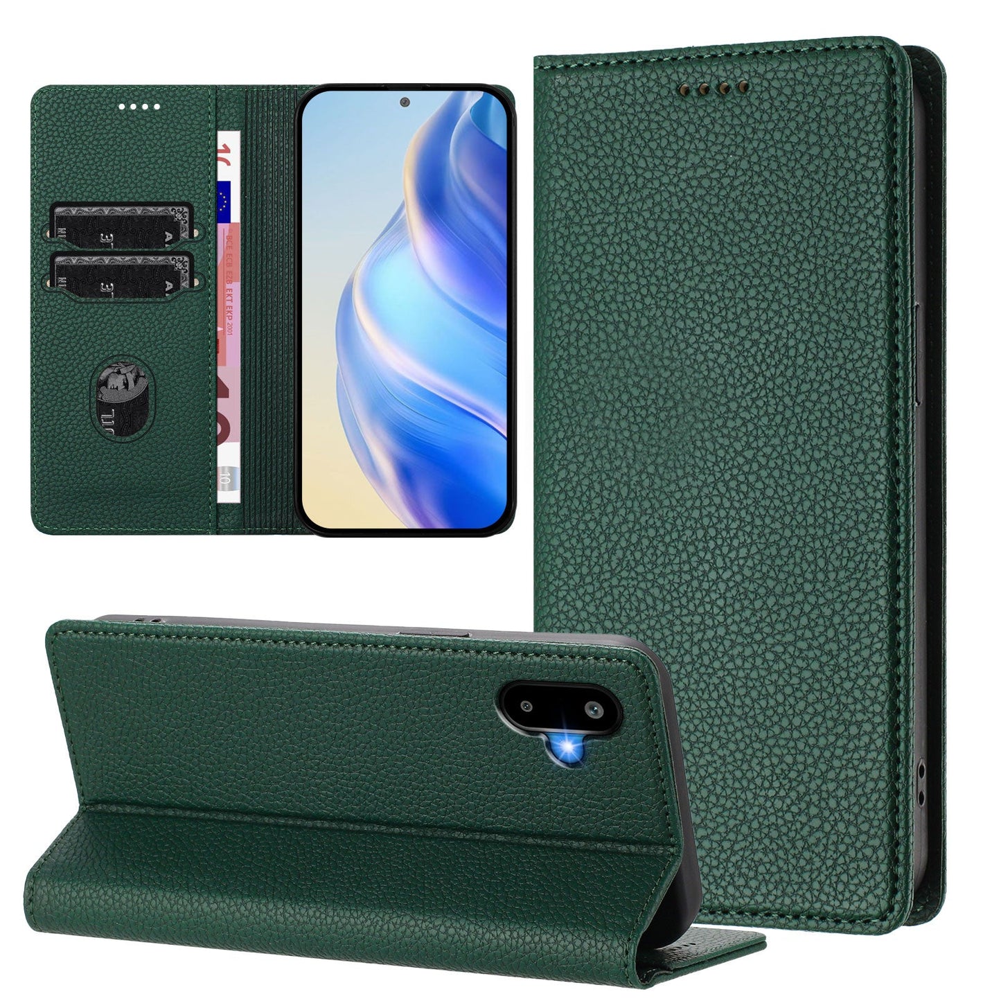 For Samsung Galaxy M06 5G / Galaxy F06 5G Wallet Case RFID Blocking Litchi Texture Leather Mobile Cover - Dark Green