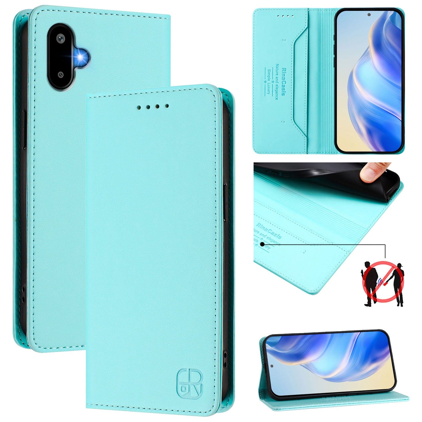 For Samsung Galaxy M06 5G / Galaxy F06 5G Leather Case RINACASIS RC01 Phone Cover with RFID Blocking Wallet Stand - Mint Green