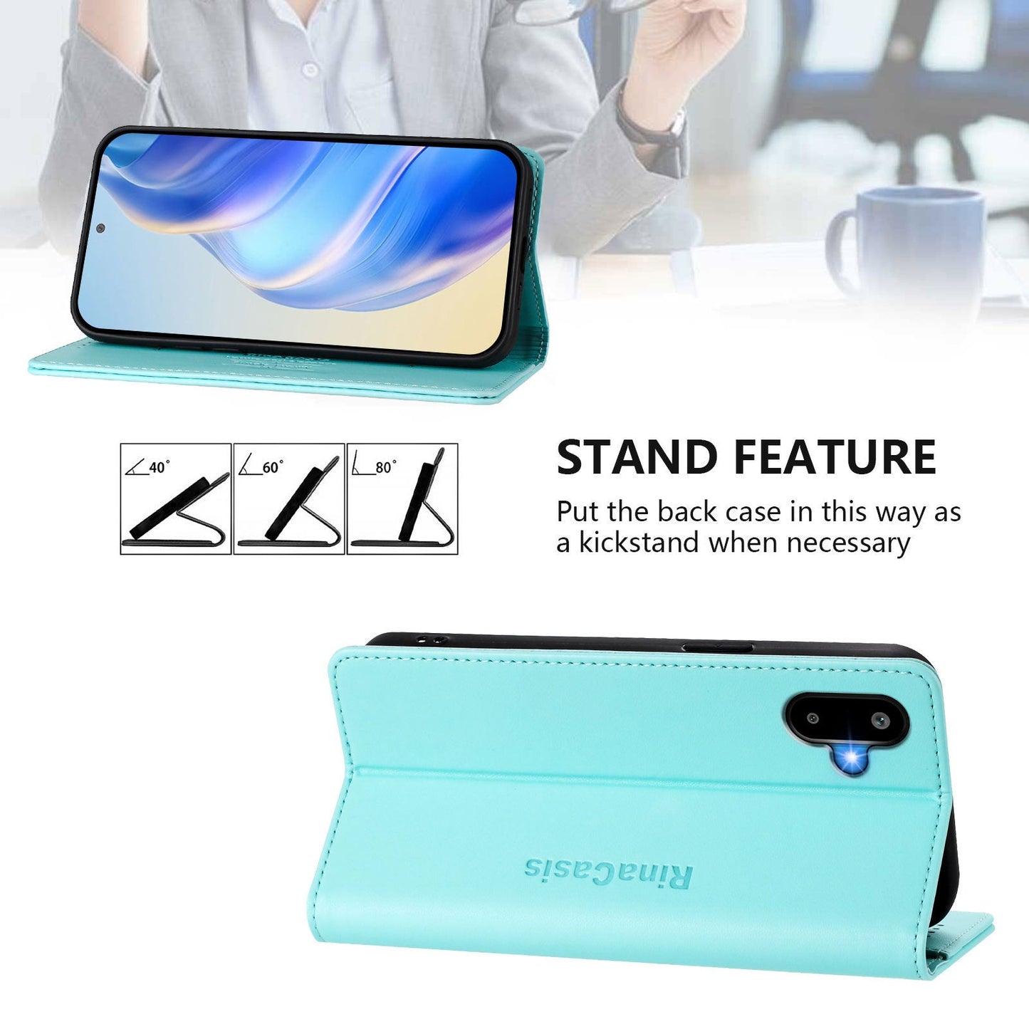 For Samsung Galaxy M06 5G / Galaxy F06 5G Leather Case RINACASIS RC01 Phone Cover with RFID Blocking Wallet Stand - Mint Green