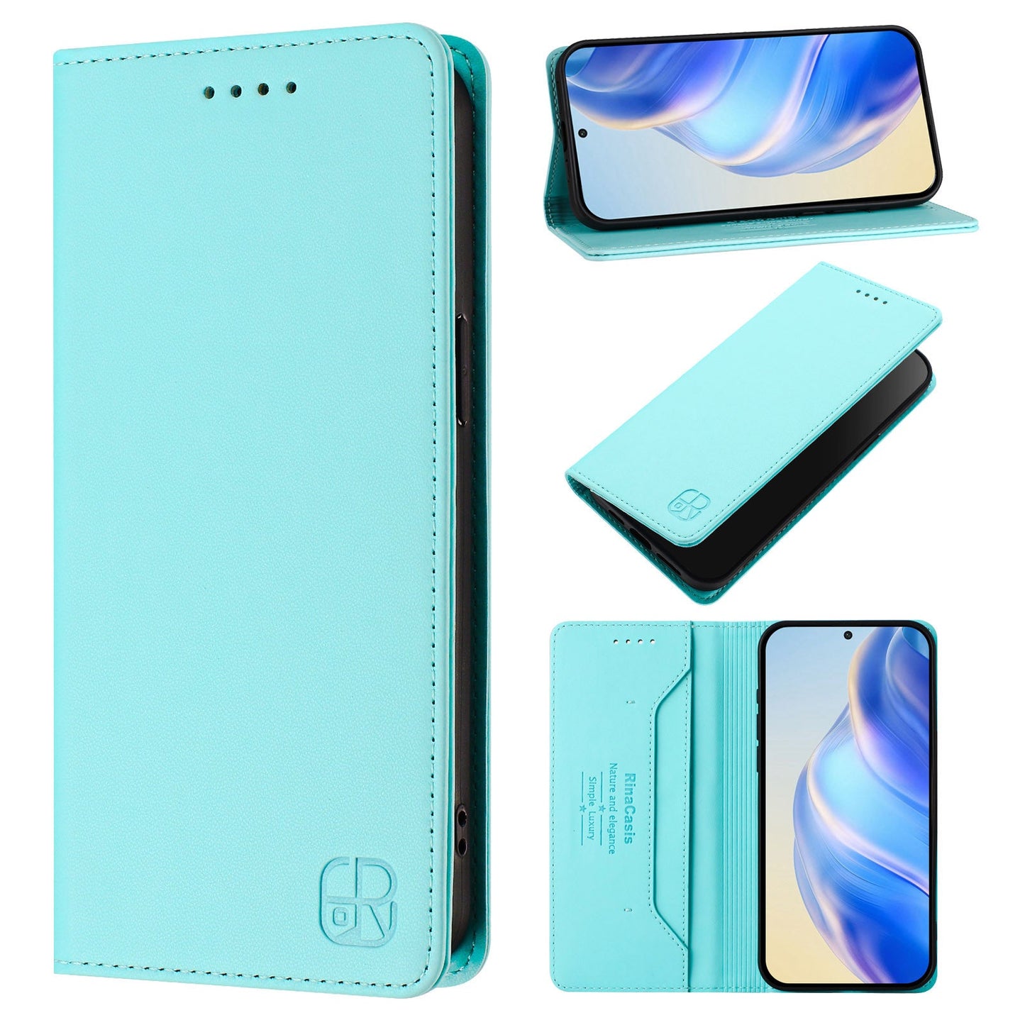 For Samsung Galaxy M06 5G / Galaxy F06 5G Leather Case RINACASIS RC01 Phone Cover with RFID Blocking Wallet Stand - Mint Green