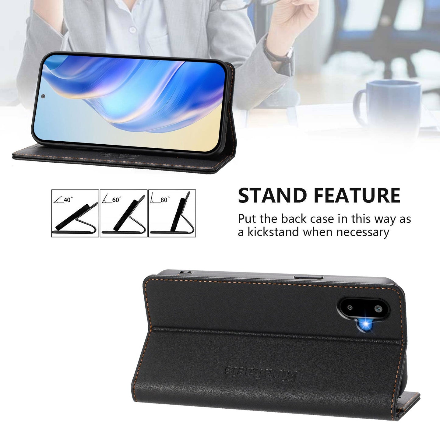 For Samsung Galaxy M06 5G / Galaxy F06 5G Leather Case RINACASIS RC01 Phone Cover with RFID Blocking Wallet Stand - Black