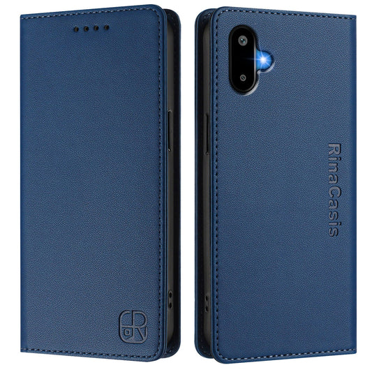 For Samsung Galaxy M06 5G / Galaxy F06 5G Leather Case RINACASIS RC01 Phone Cover with RFID Blocking Wallet Stand - Dark Blue