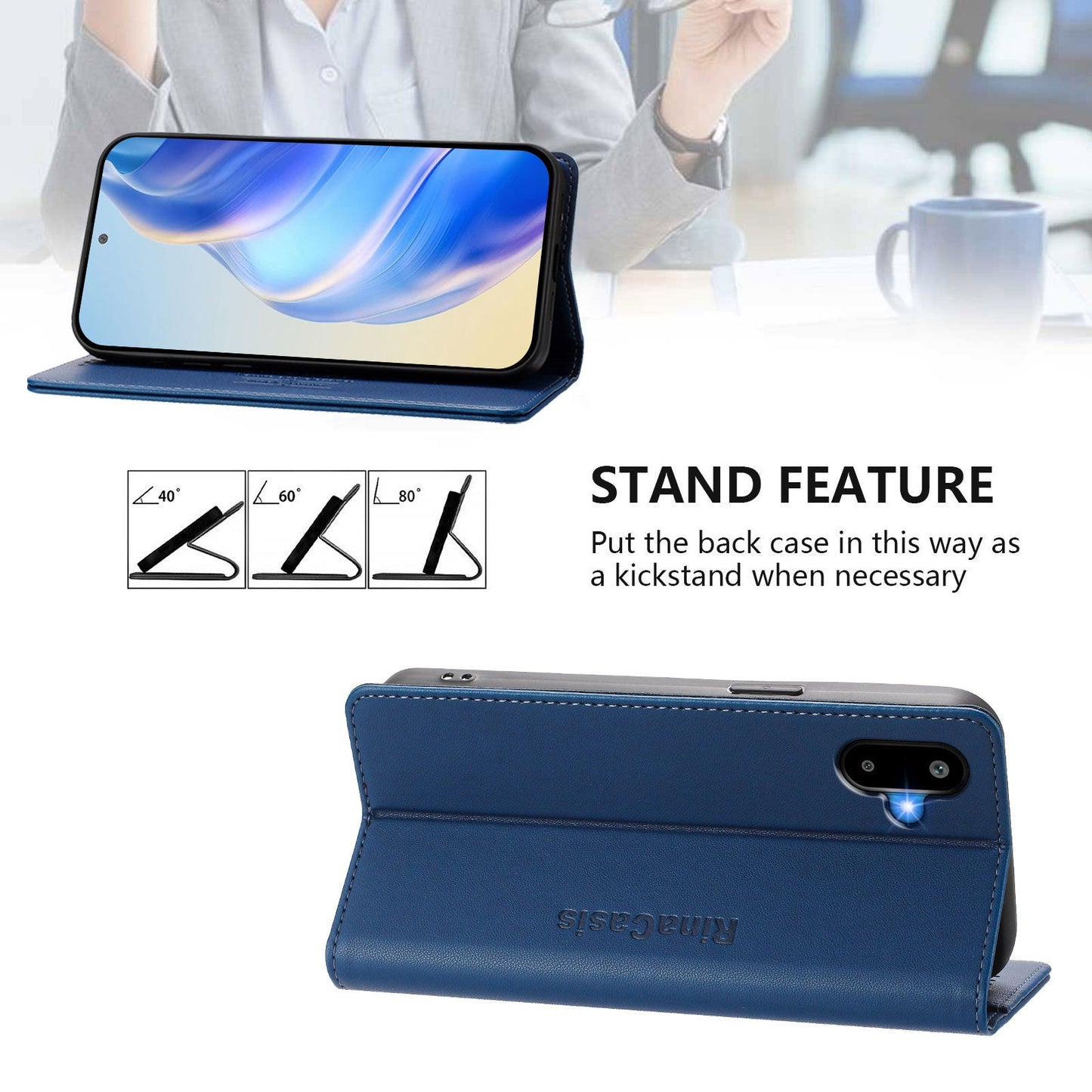 For Samsung Galaxy M06 5G / Galaxy F06 5G Leather Case RINACASIS RC01 Phone Cover with RFID Blocking Wallet Stand - Dark Blue