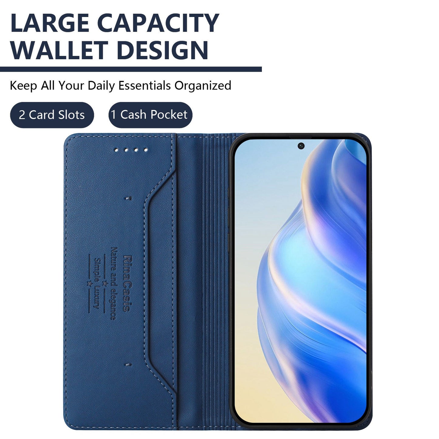 For Samsung Galaxy M06 5G / Galaxy F06 5G Leather Case RINACASIS RC01 Phone Cover with RFID Blocking Wallet Stand - Dark Blue