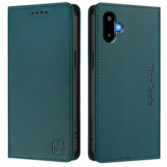 For Samsung Galaxy M06 5G / Galaxy F06 5G Leather Case RINACASIS RC01 Phone Cover with RFID Blocking Wallet Stand - Dark Green