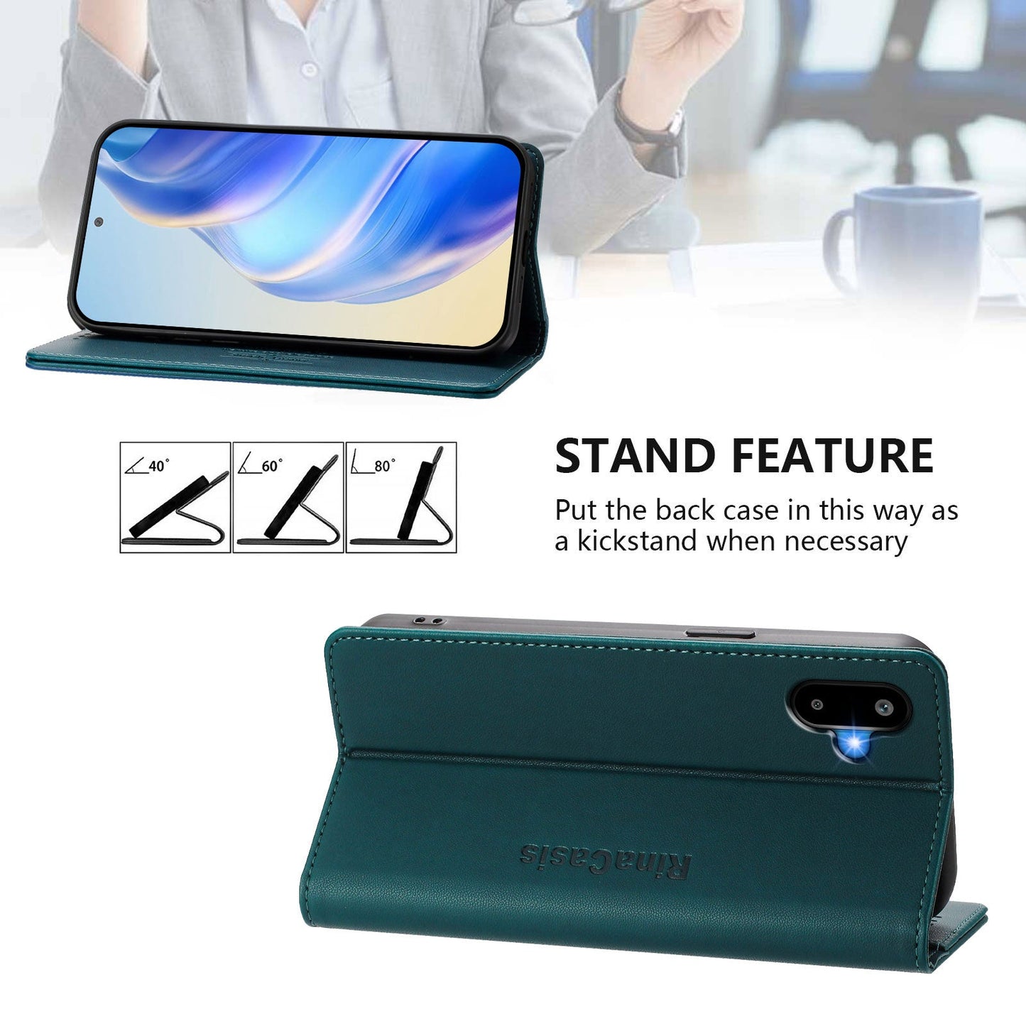 For Samsung Galaxy M06 5G / Galaxy F06 5G Leather Case RINACASIS RC01 Phone Cover with RFID Blocking Wallet Stand - Dark Green