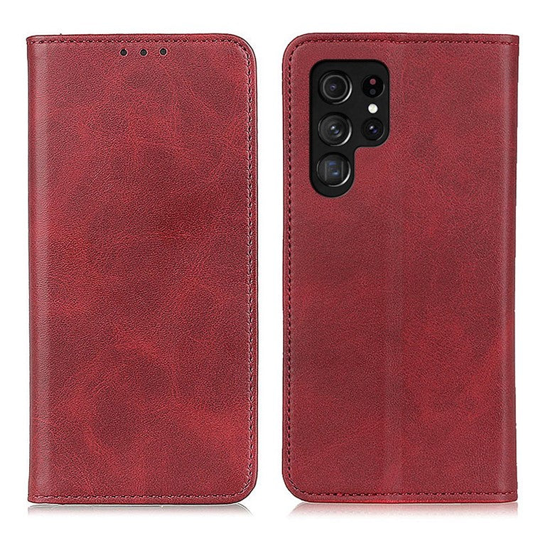 For Samsung Galaxy S23 Ultra Anti-scratch Magnetic Auto Closing Phone Case Cowhide Texture Split Leather Flip Wallet Cover with Stand - Red