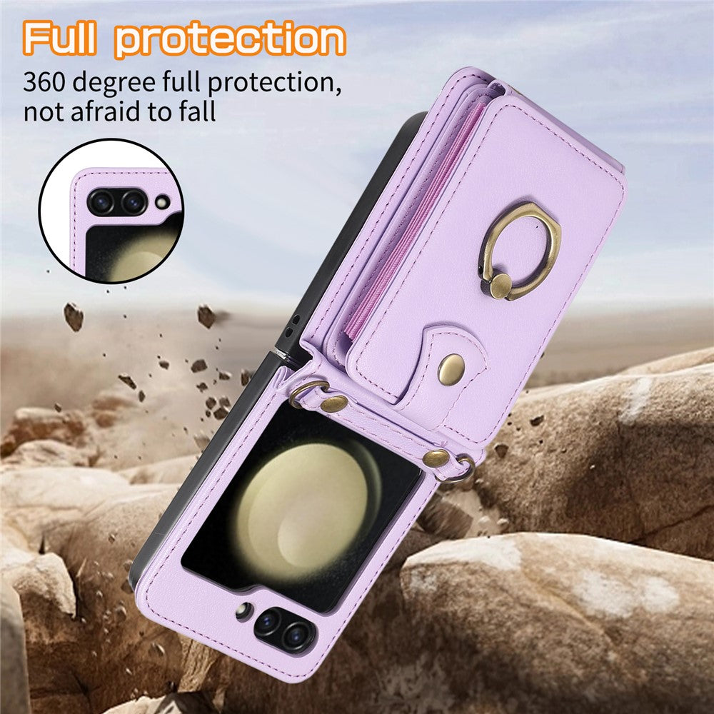 For Samsung Galaxy Z Flip7 FE 5G / Z Flip6 5G Case Card Holder Ring Kickstand TPU + PU Leather Phone Cover with Long Strap - Purple