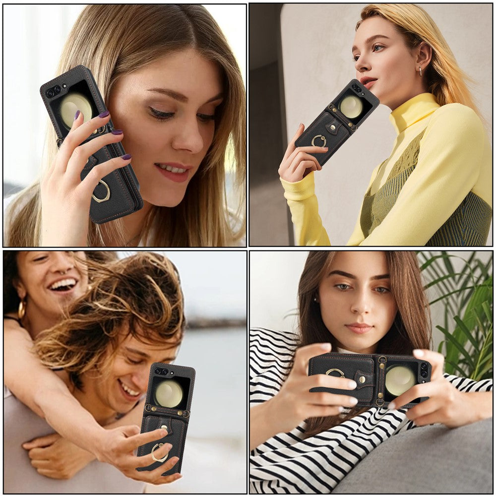 For Samsung Galaxy Z Flip7 FE 5G / Z Flip6 5G Case Card Holder Ring Kickstand TPU + PU Leather Phone Cover with Long Strap - Black