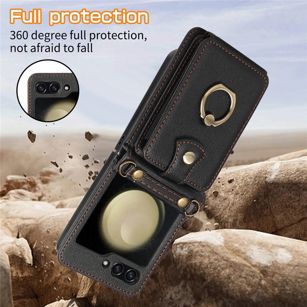 For Samsung Galaxy Z Flip7 FE 5G / Z Flip6 5G Case Card Holder Ring Kickstand TPU + PU Leather Phone Cover with Long Strap - Black