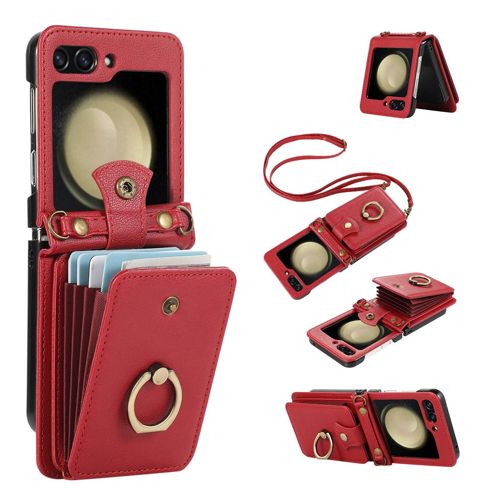 For Samsung Galaxy Z Flip7 FE 5G / Z Flip6 5G Case Card Holder Ring Kickstand TPU + PU Leather Phone Cover with Long Strap - Red