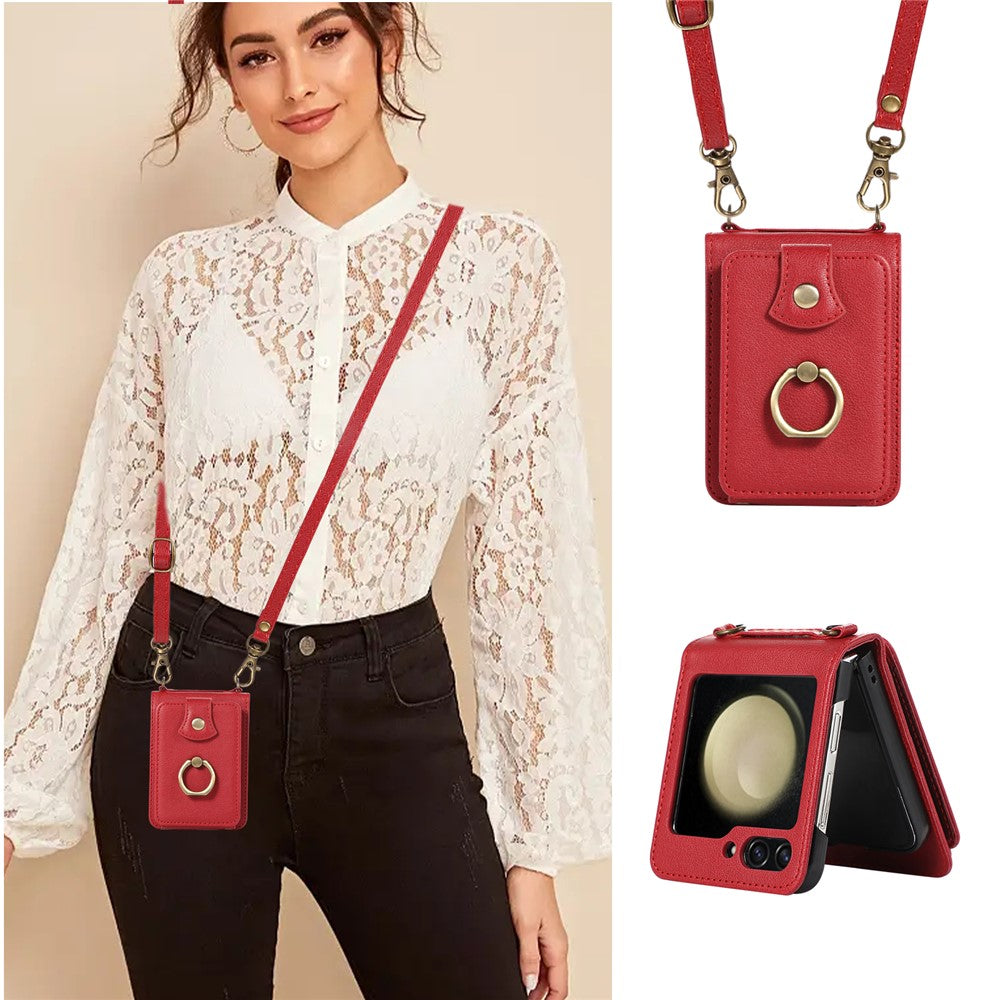 For Samsung Galaxy Z Flip7 FE 5G / Z Flip6 5G Case Card Holder Ring Kickstand TPU + PU Leather Phone Cover with Long Strap - Red