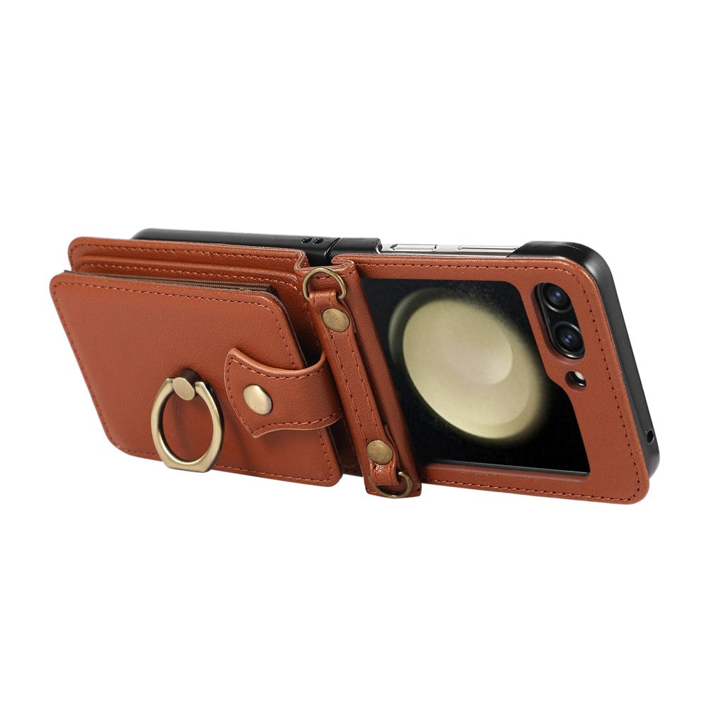 For Samsung Galaxy Z Flip7 FE 5G / Z Flip6 5G Case Card Holder Ring Kickstand TPU + PU Leather Phone Cover with Long Strap - Brown