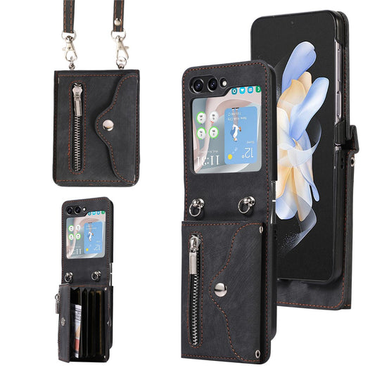 For Samsung Galaxy Z Flip7 FE 5G / Z Flip6 5G Case PU Leather + TPU RFID Blocking Card Slots Phone Cover with 2 Straps - Black