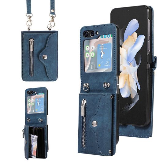 For Samsung Galaxy Z Flip7 FE 5G / Z Flip6 5G Case PU Leather + TPU RFID Blocking Card Slots Phone Cover with 2 Straps - Blue