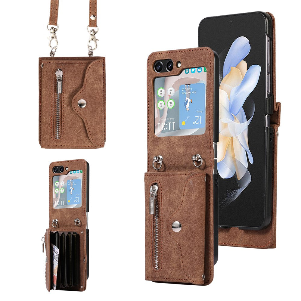 For Samsung Galaxy Z Flip7 FE 5G / Z Flip6 5G Case PU Leather + TPU RFID Blocking Card Slots Phone Cover with 2 Straps - Brown